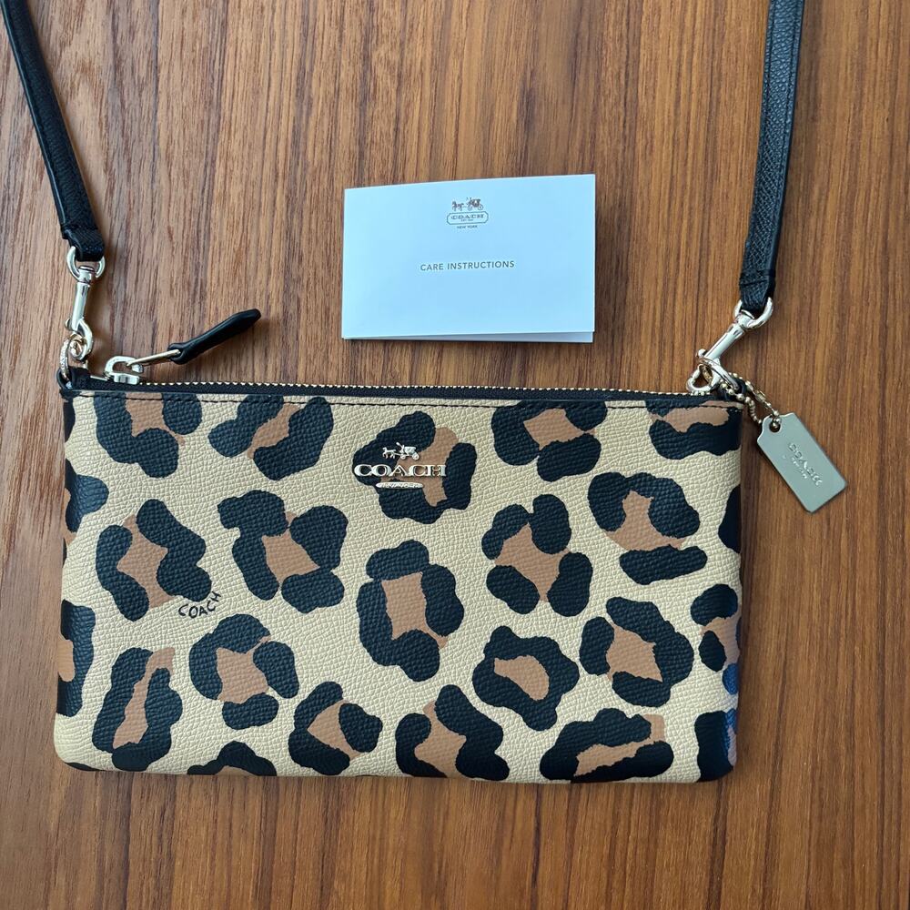 Coach Leopard Cheetah Print Crossbody Handbag, black and tan mini purse - Picture 2 of 10